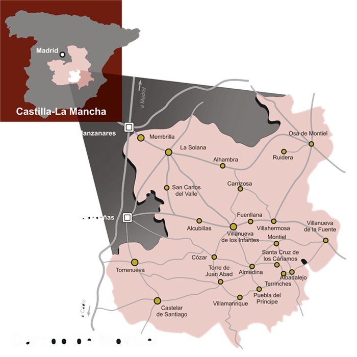 Mapa de la comarca del Campo de Montiel, en Ciudad Real, con los municipios de la Denominación de Origen