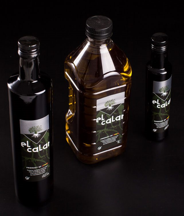 Las tres botellas de aceite «el calar»: 250 ml, 750 ml y 2 litros